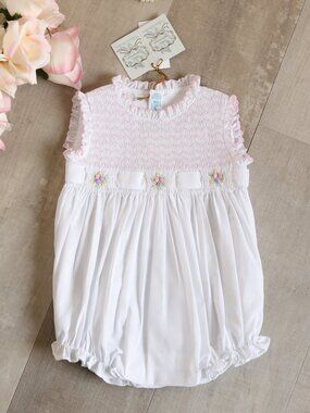 Feltman Brothers Baby Girls Smocked White Romper Bubble 3M Portrait Spring NWT